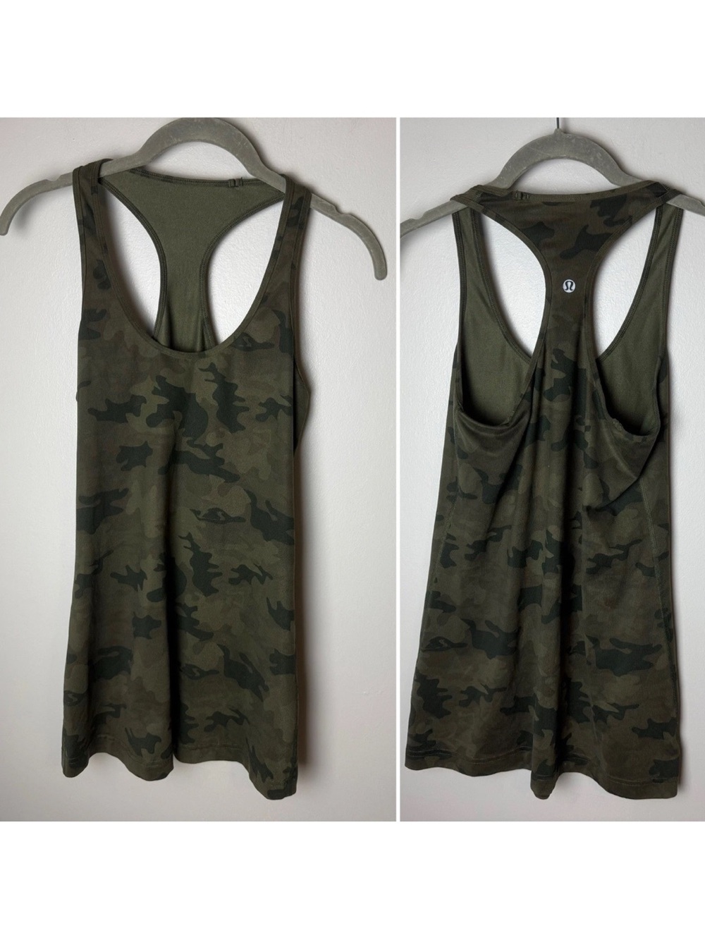 Lululemon Camo Racerback Tank Top Olive Green Athletic Sz 4 or 6 15" Pit to Pit